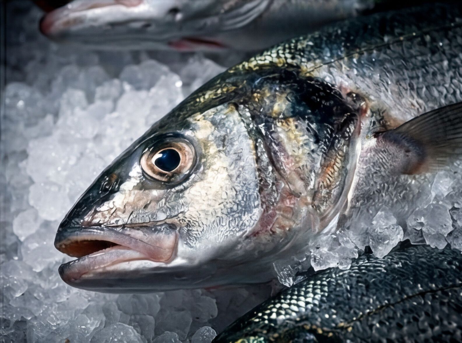 Fresh branzino on ice