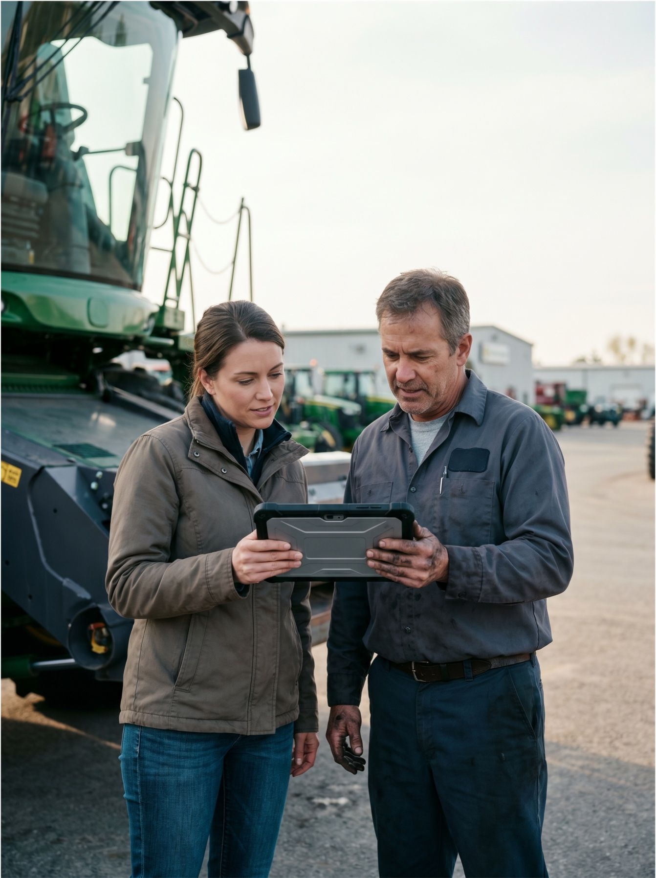 Service advisor and mechanic at a combine harvester with a tablet