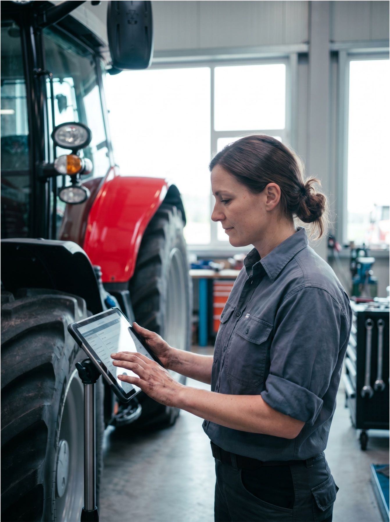 Mechanic checking the digital checklist at a tractor
