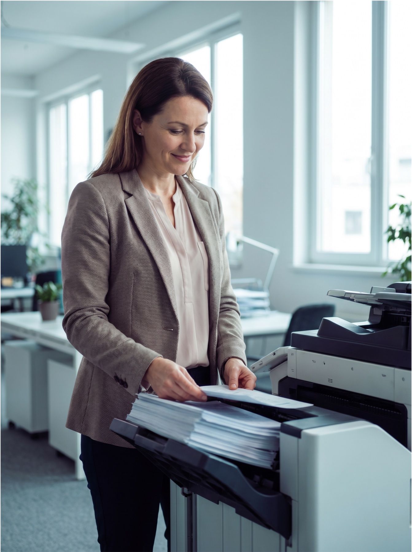 Employee collecting finished documents at the printer