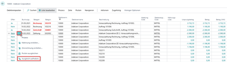 Ausgleich aufheben öffnen