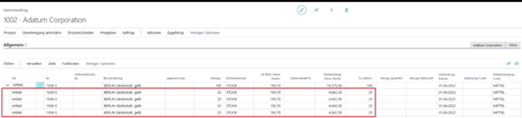 Rahmenauftrag mit mehreren Lieferzeilen