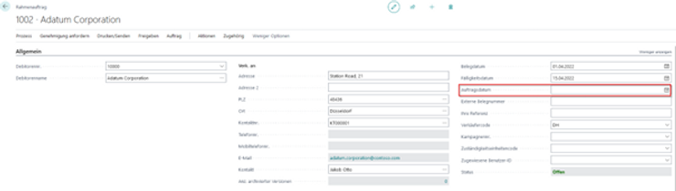 Maske zum Anlegen eines Rahmenauftrags