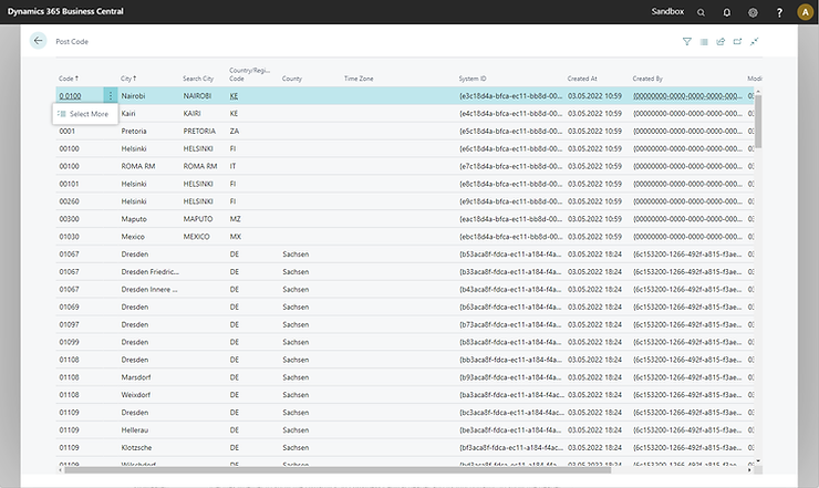 Post Code table in web client