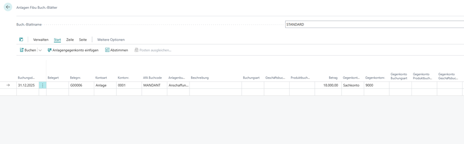 Anlagen Fibu Buch.-Blatt mit Anschaffungsbuchung