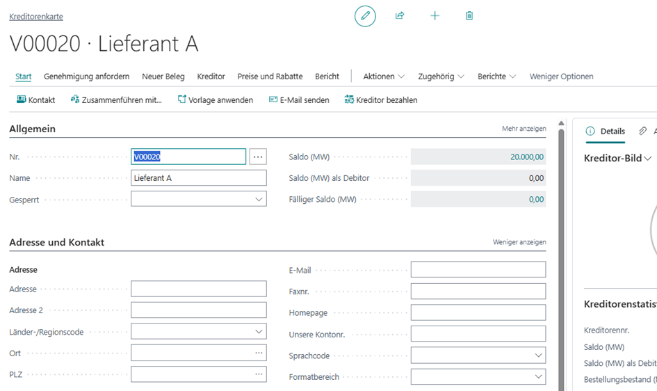 Kreditorenkarte Lieferant A nach Buchung