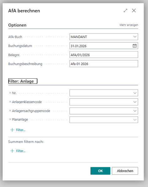 AfA berechnen Dialog