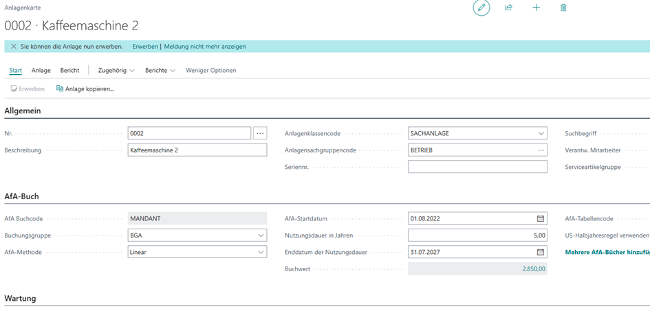 Anlagenkarte mit Buchwert