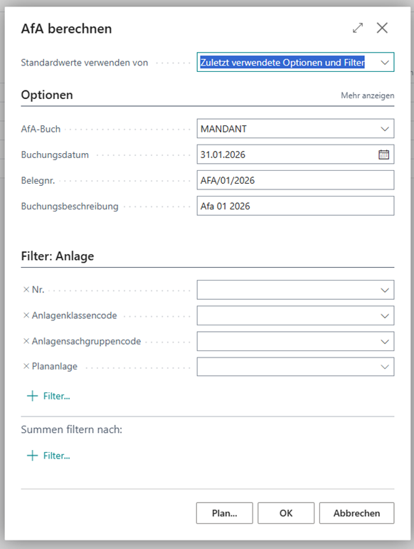 AfA berechnen mit Standardwerten