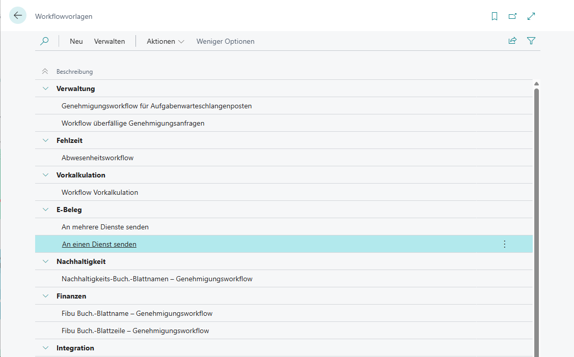 Workflowvorlagen Liste mit E-Beleg Kategorie