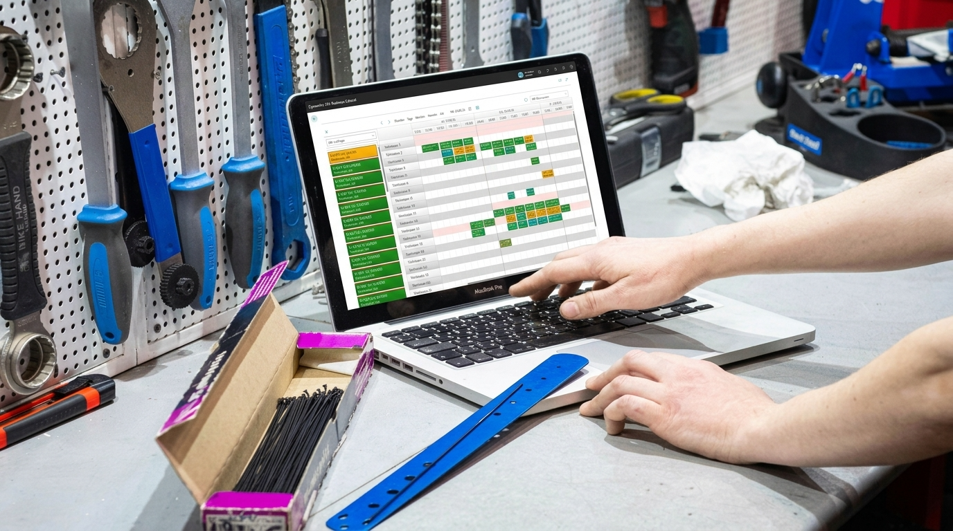 Beyond Scheduler planning board in Business Central on a laptop in the workshop