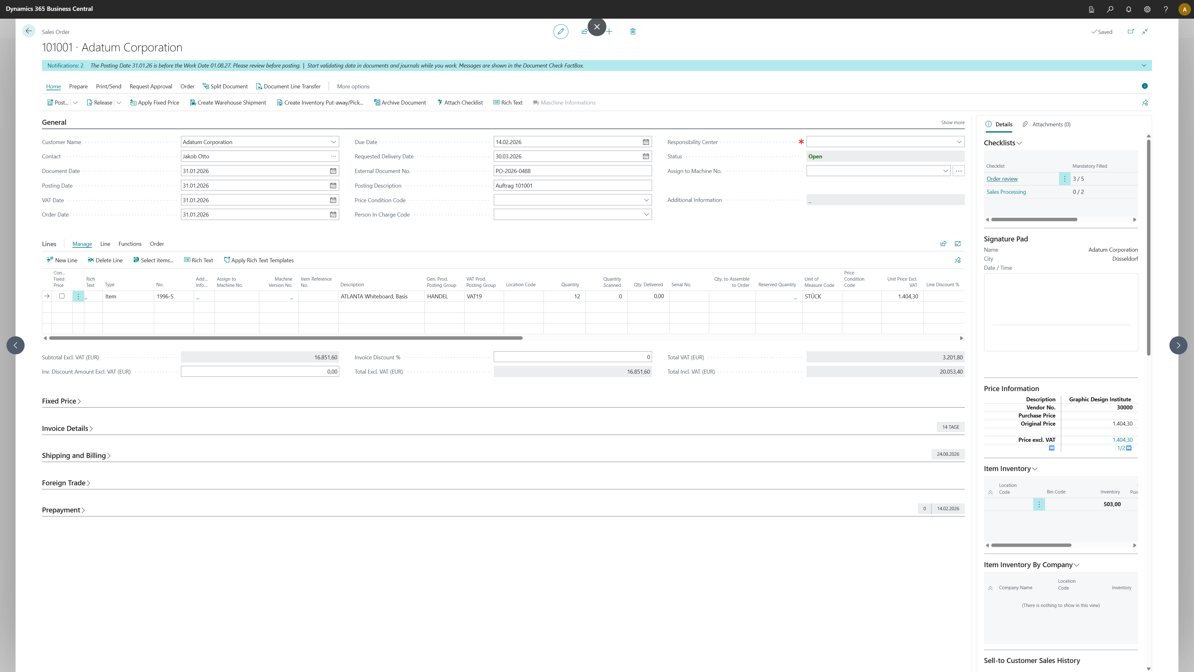 Sales order with the Checklists FactBox, two assigned checklists and the Attach Checklist action in the ribbon