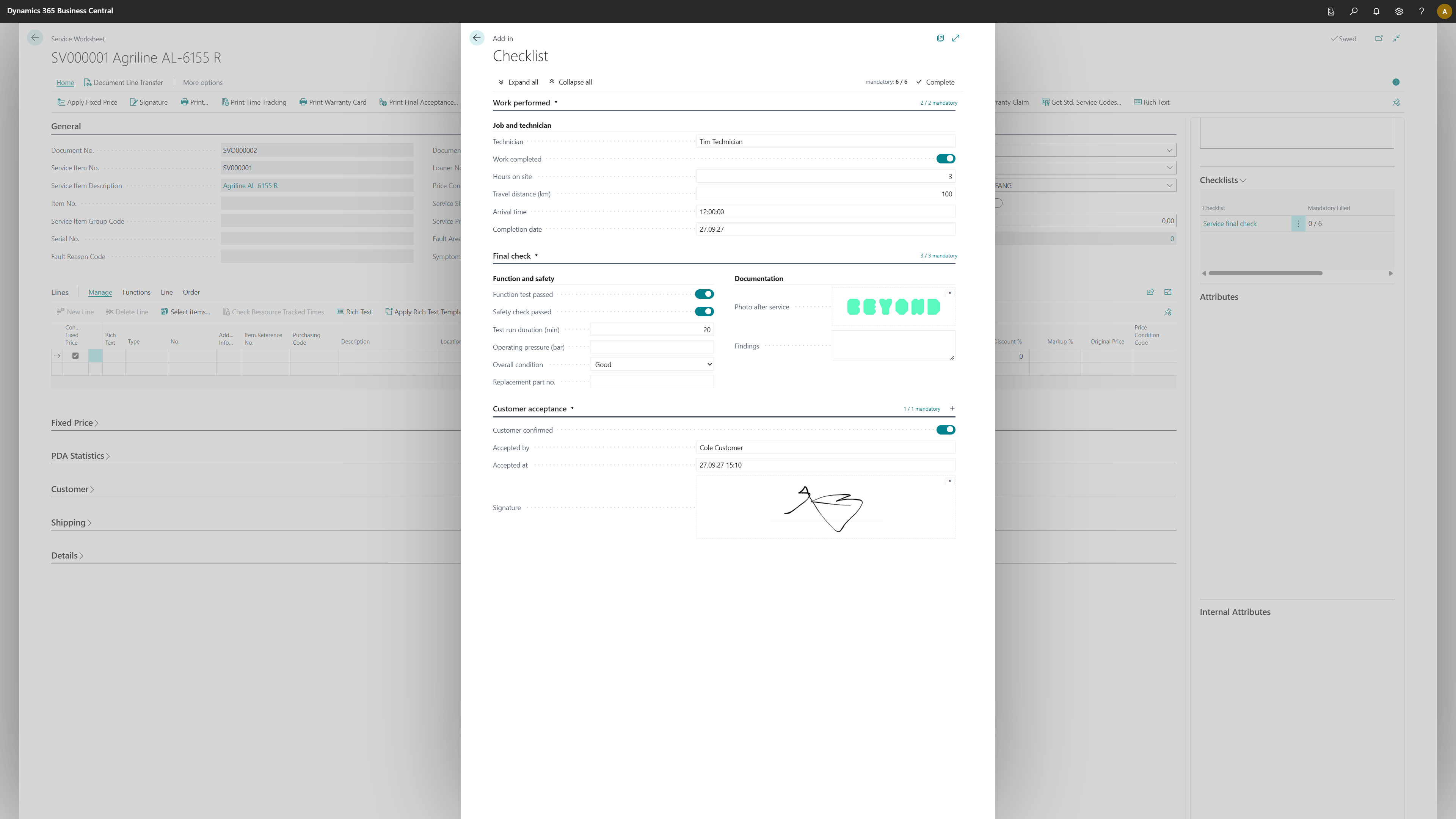 Completed checklist on a service document with technician, function and safety checks, and the customer's signature