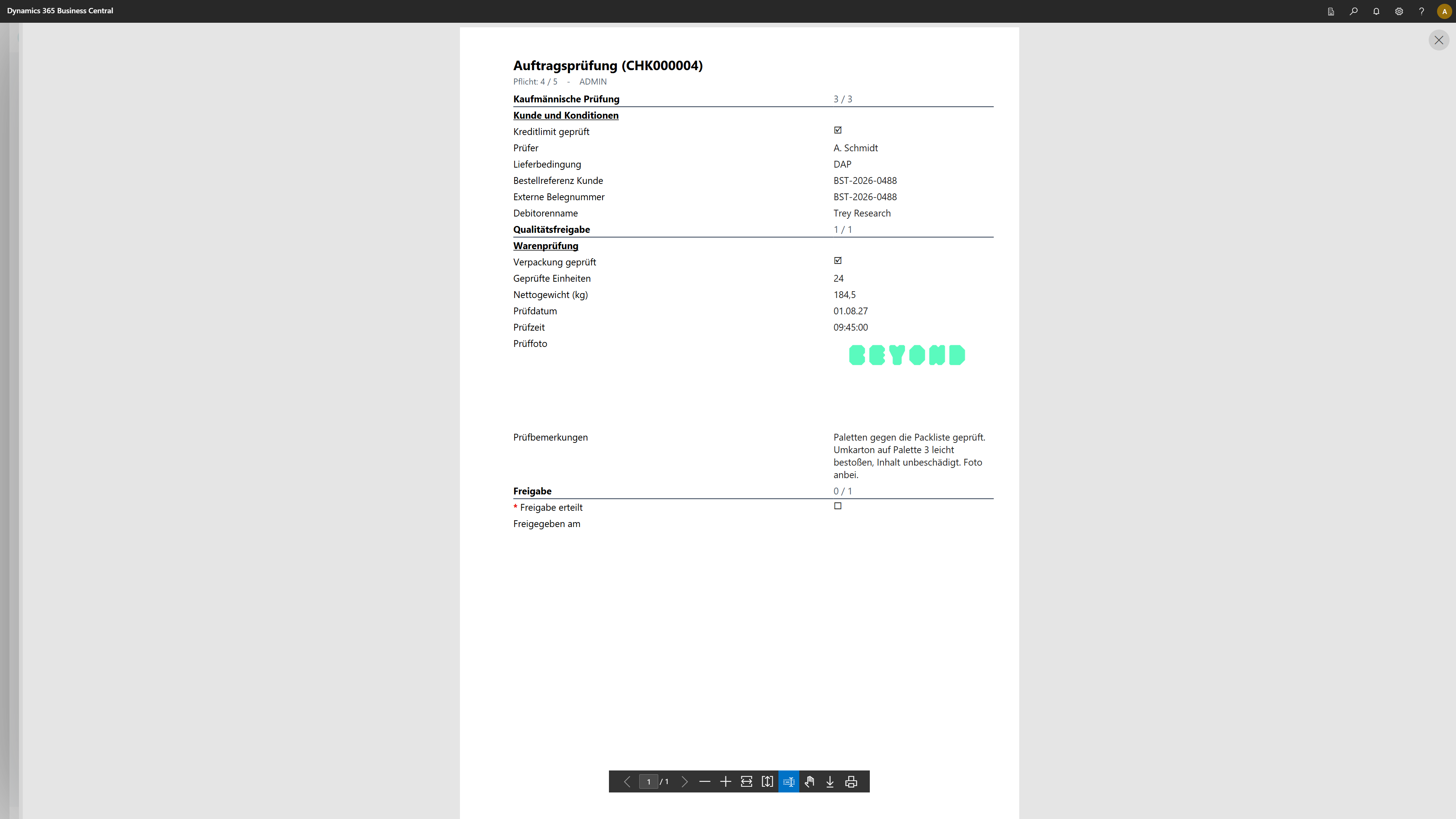 Ausgedruckte Checkliste als Prüfbericht mit allen erfassten Werten und Pflichtfeldern