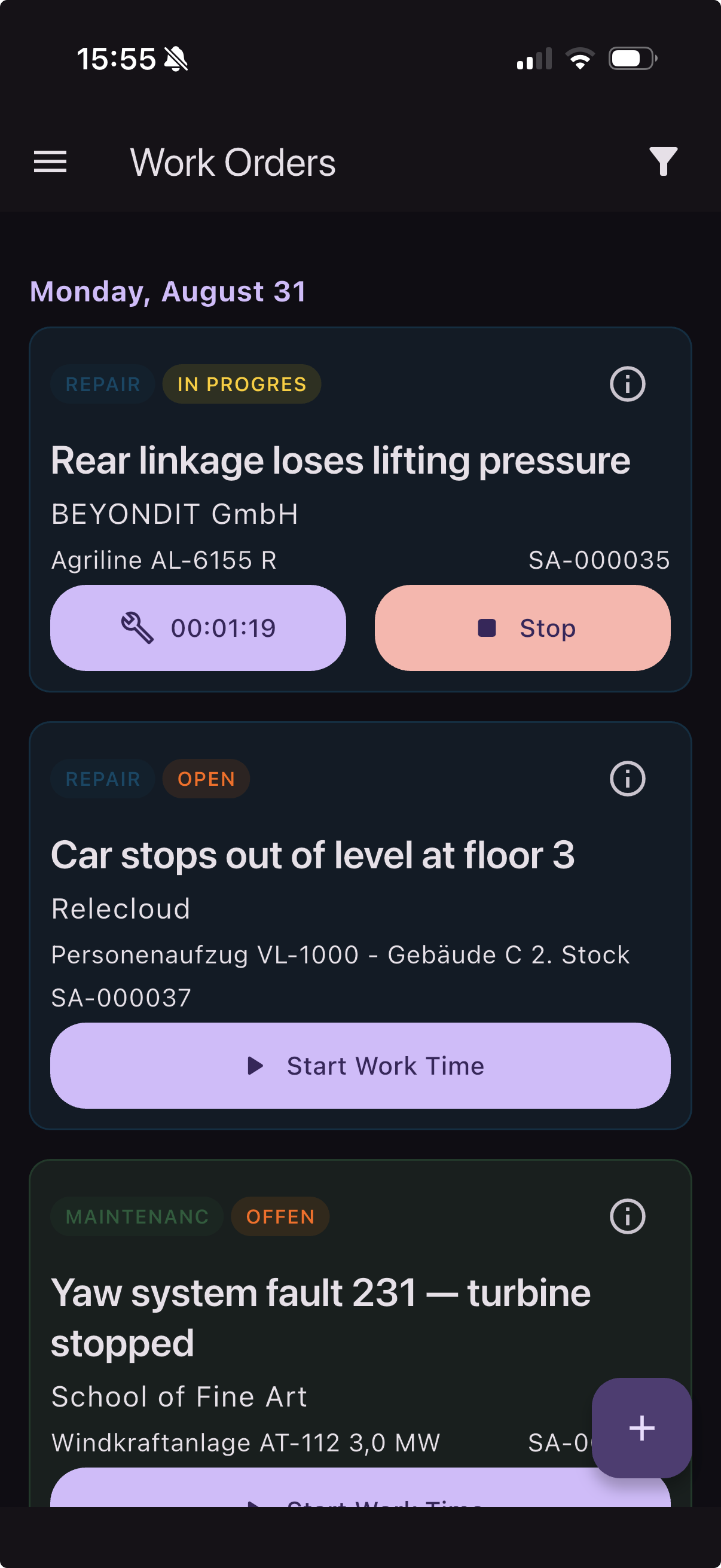 Work order list in the Beyond Mobile Service app with status labels, running work timer and Start Work Time button