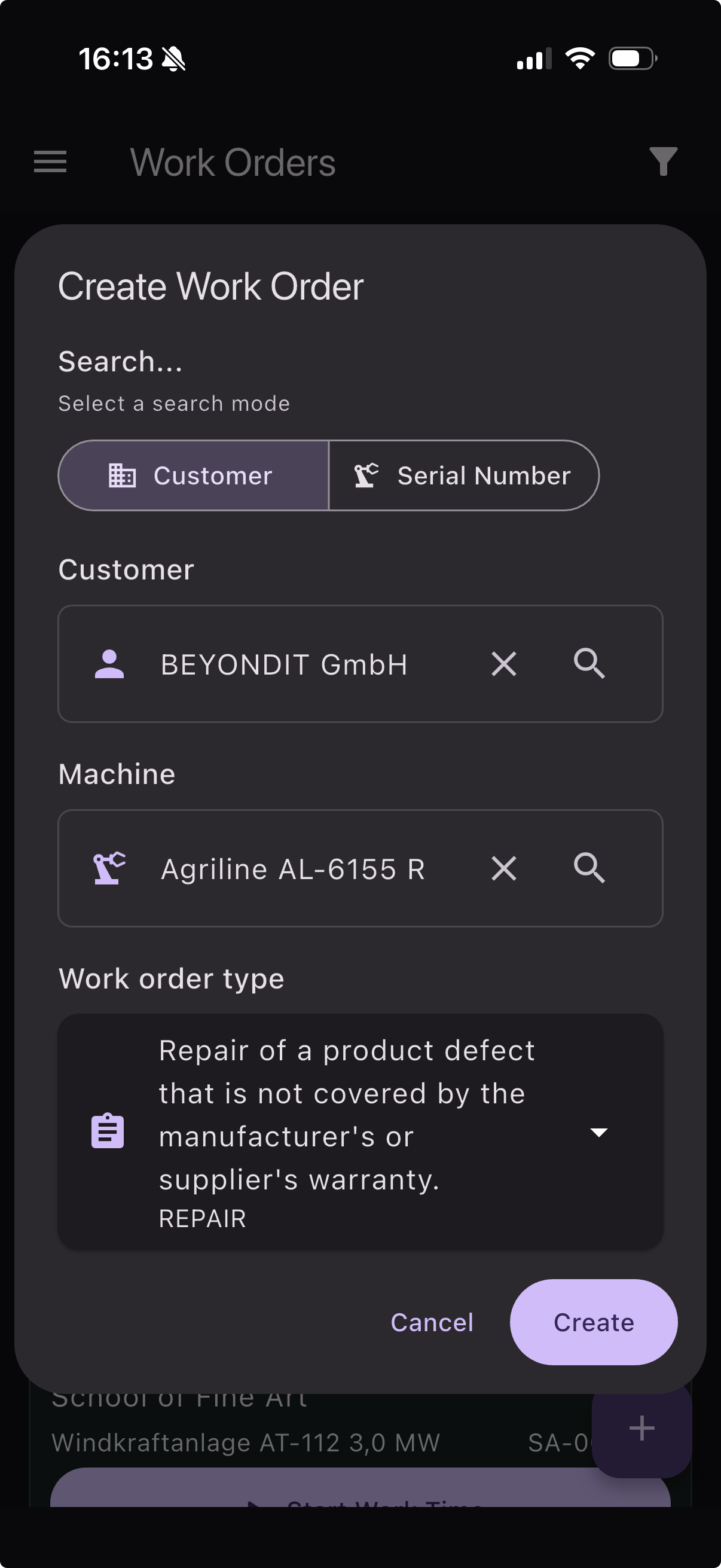 Create Work Order dialog with search by customer or serial number and machine selection