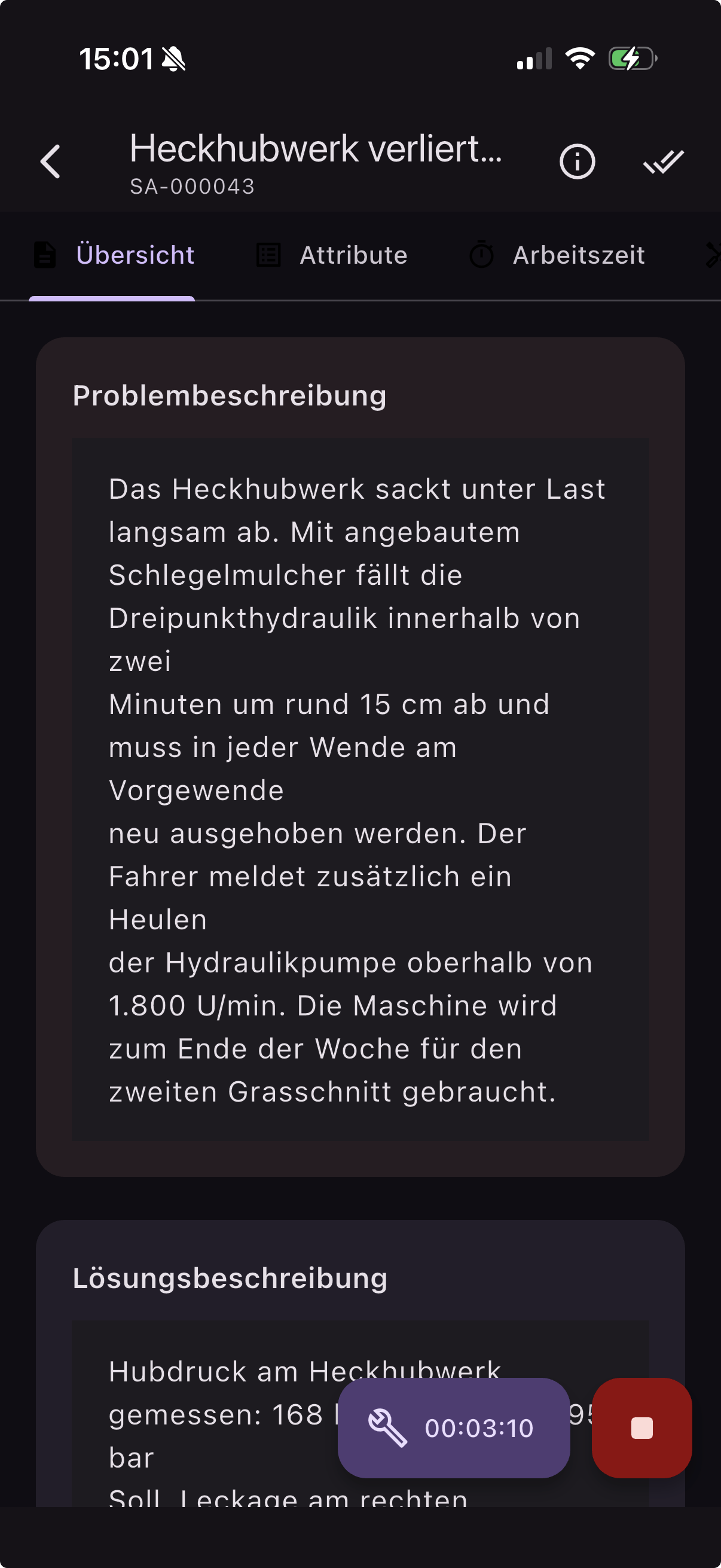Auftragsübersicht auf dem Smartphone mit Problembeschreibung und Lösungsbeschreibung
