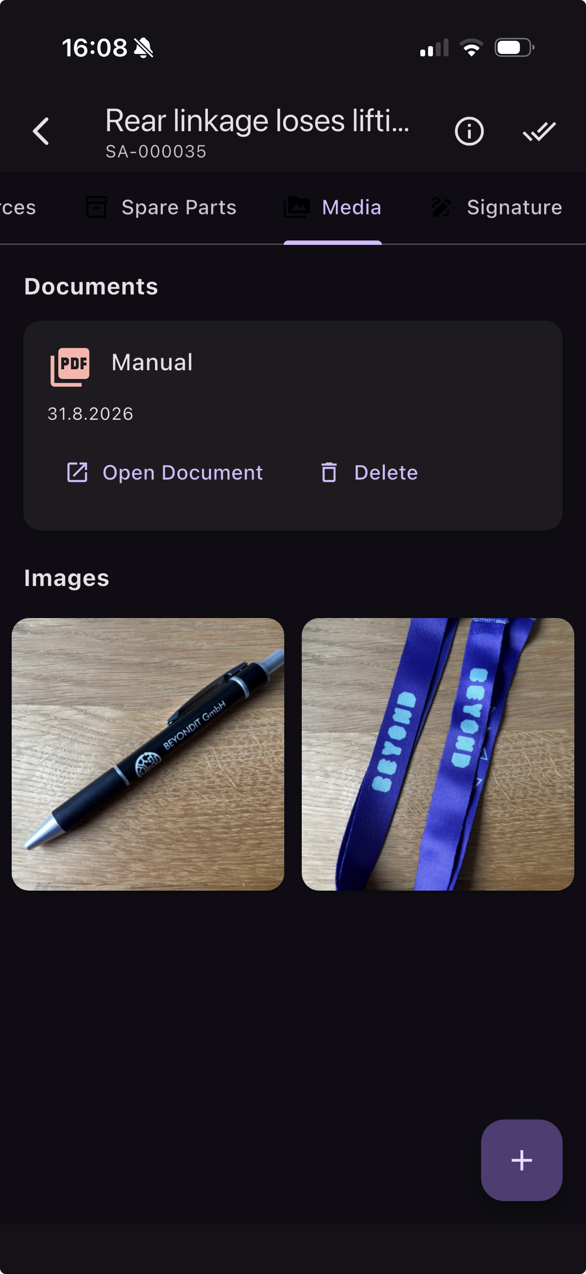 Media tab of a work order with an attached PDF manual and photos taken on site