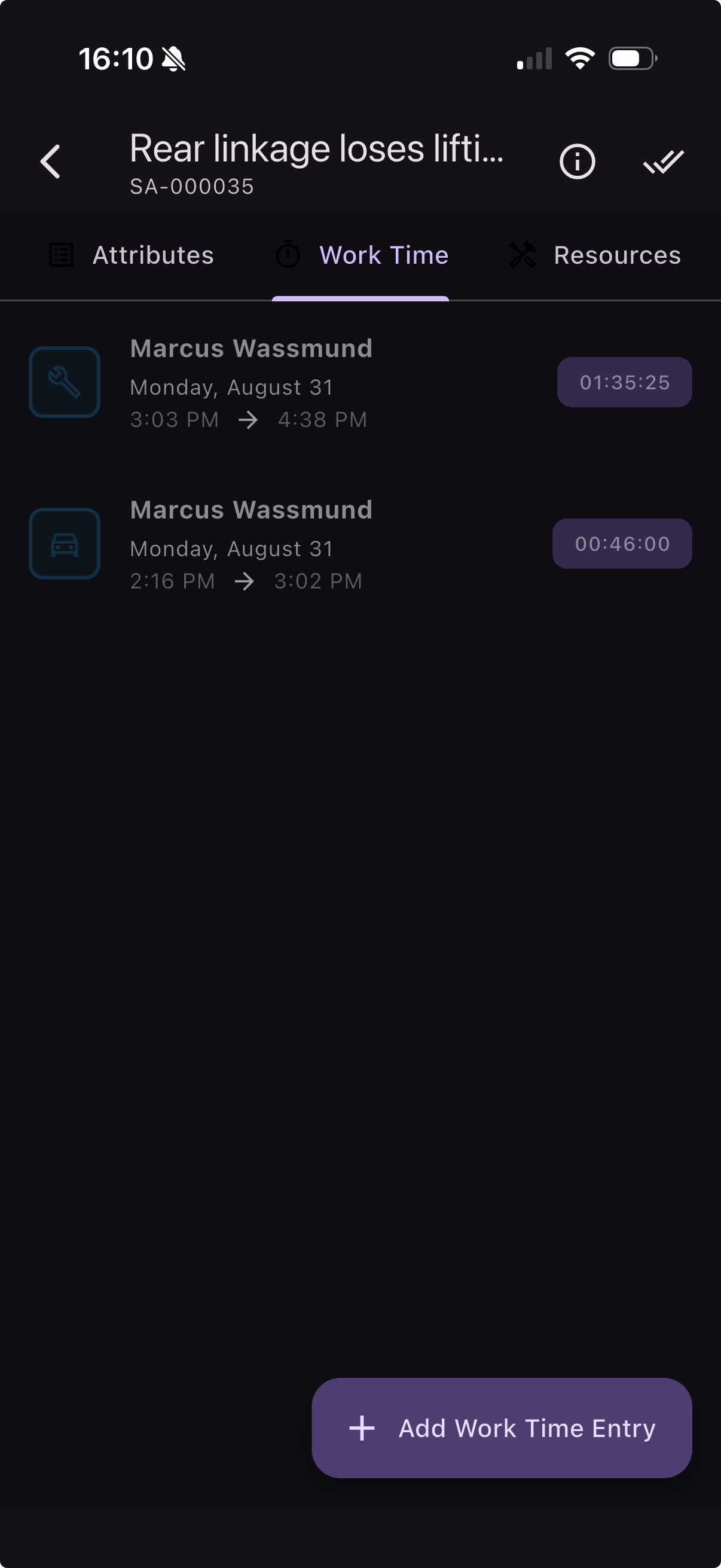 Work and travel time tracking in the app with individual time entries for work time and travel time