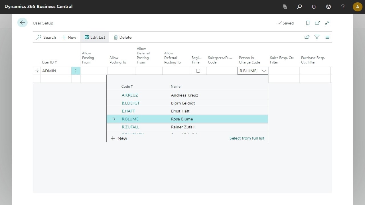 Assign person in charge on user setup page