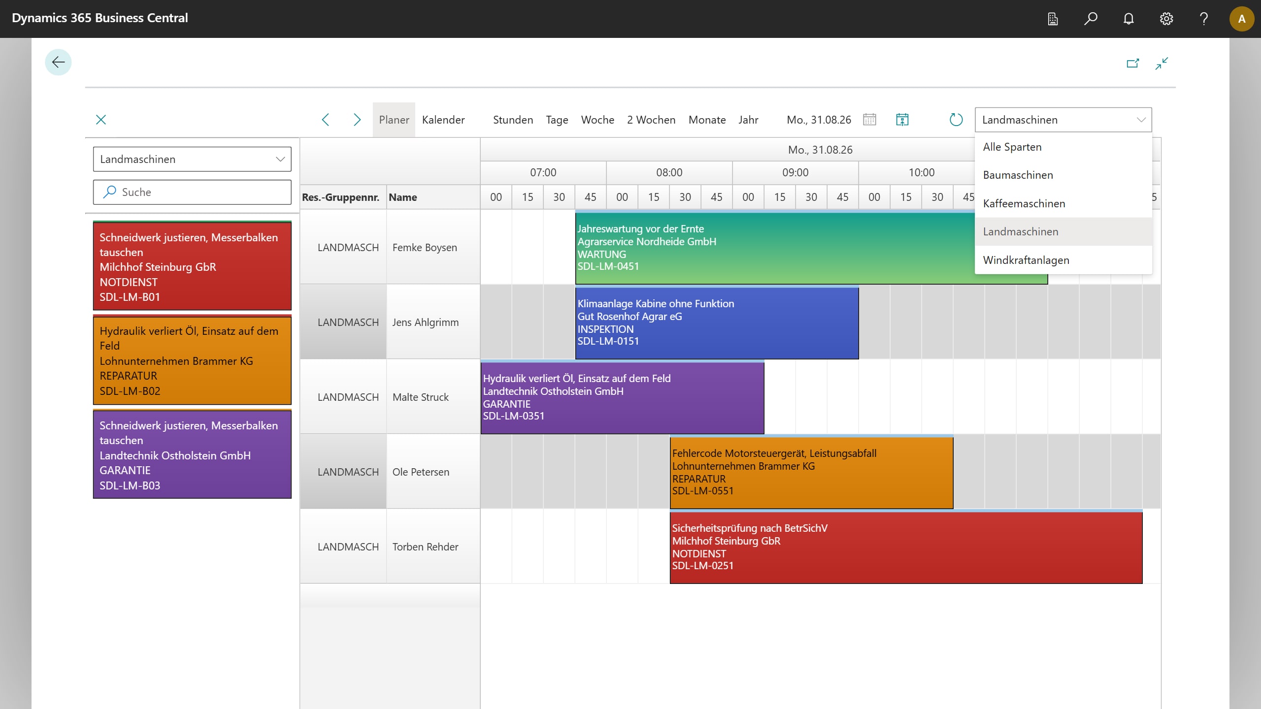 Die gespeicherten Filter in der Auswahlliste der Plantafel — eine Sparte ist ein Klick