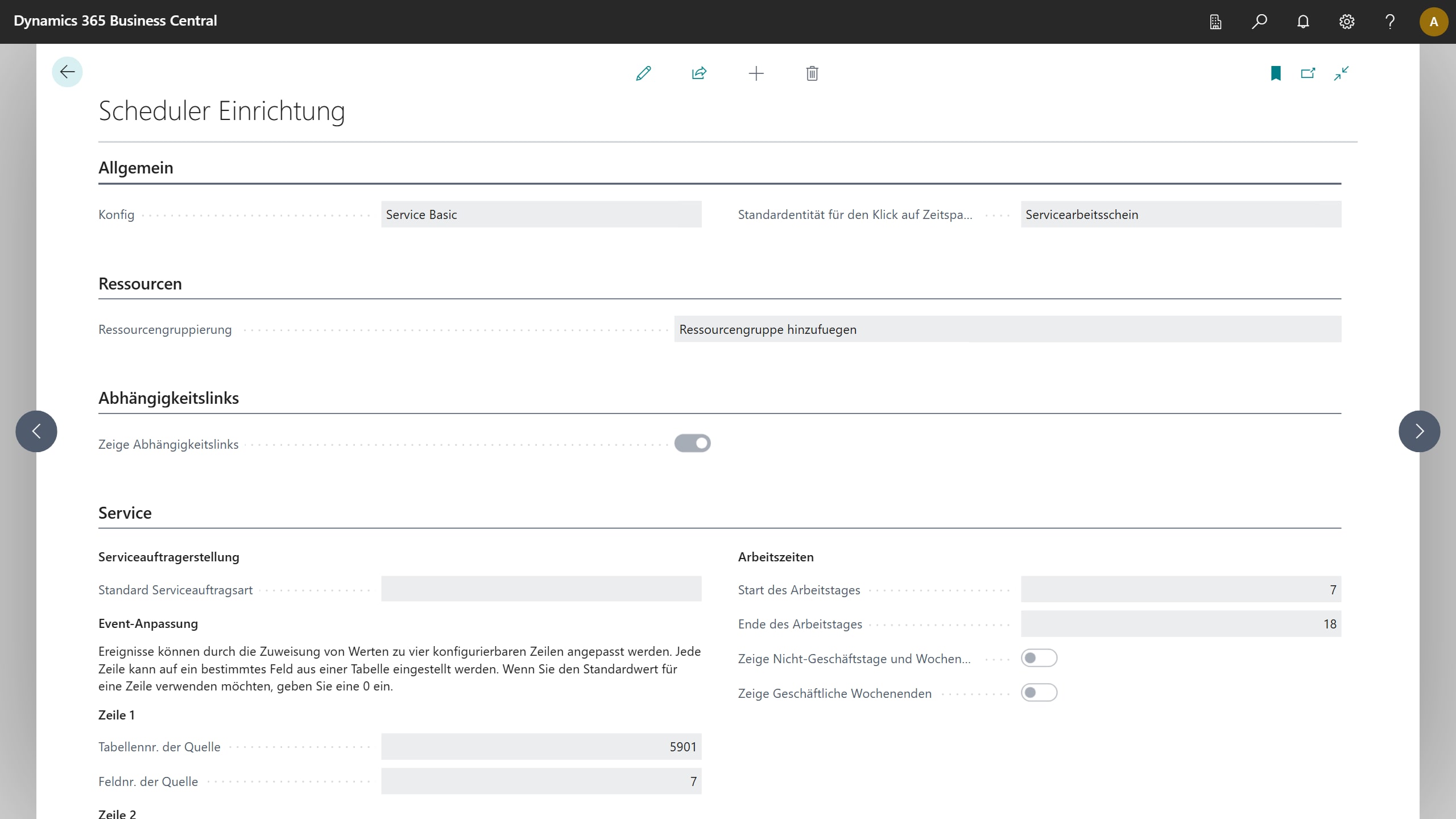 Scheduler Einrichtung: Konfiguration, Entität für den Klick auf eine Zeitspanne, Ressourcengruppierung und Abhängigkeitslinks