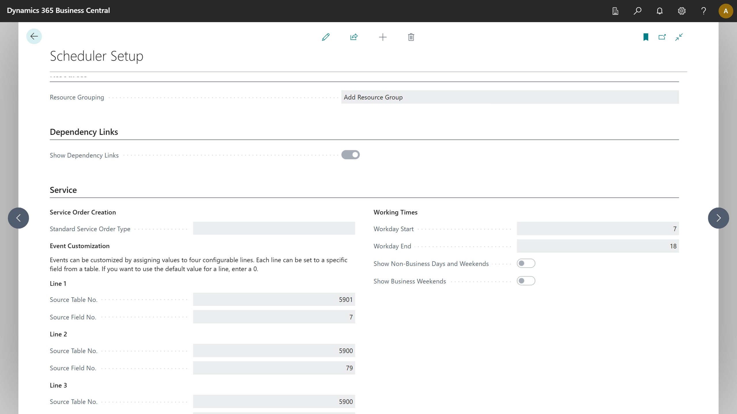 Setting up the bar text: four freely assigned lines from a table and field number, plus a working day from 7 to 18