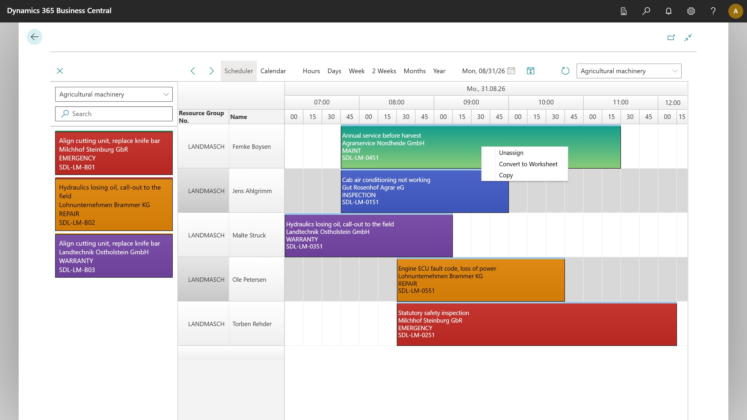 Right-click on a job: convert to worksheet, copy, unassign