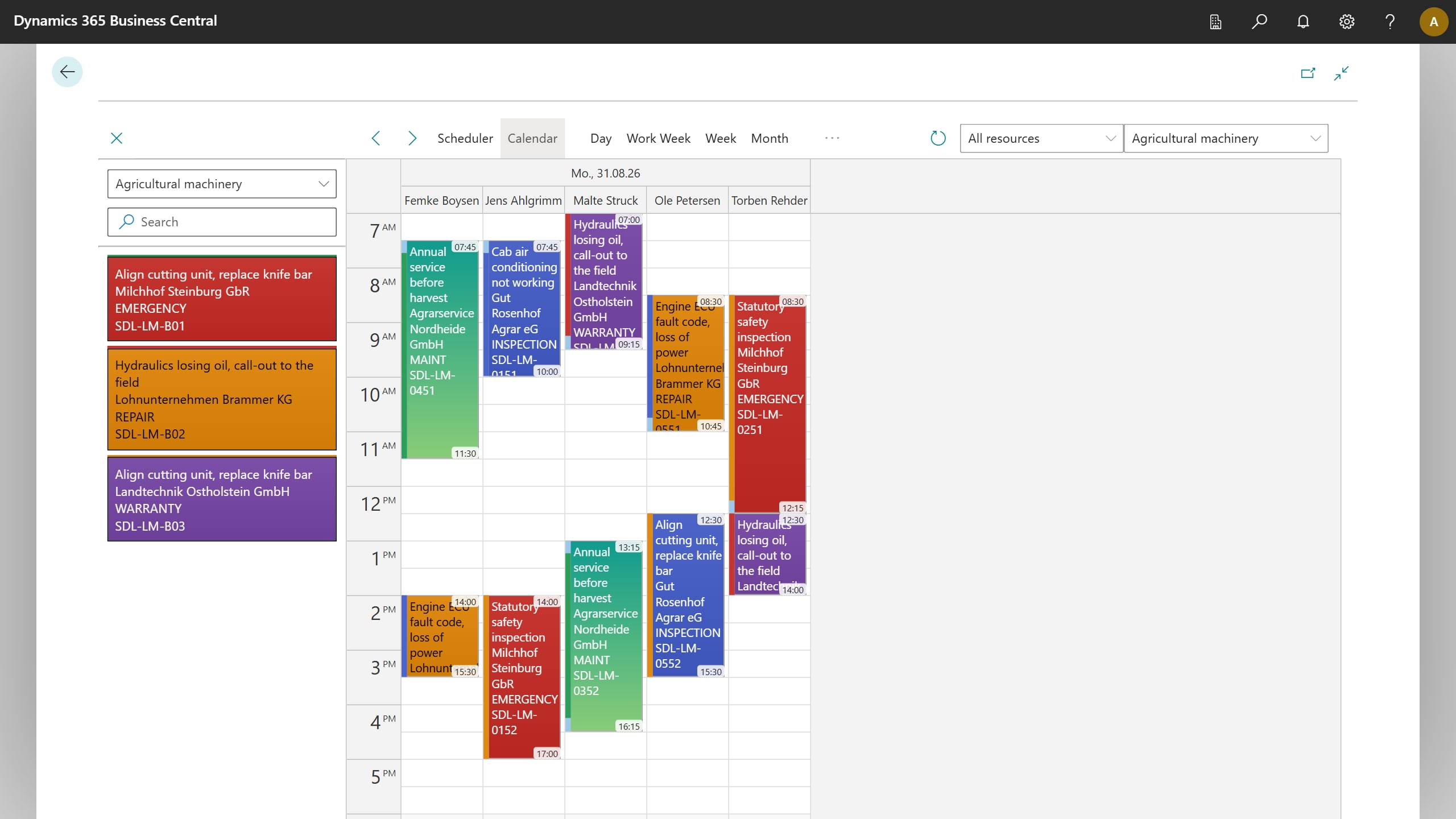 Calendar view, one day: the agricultural machinery technicians side by side