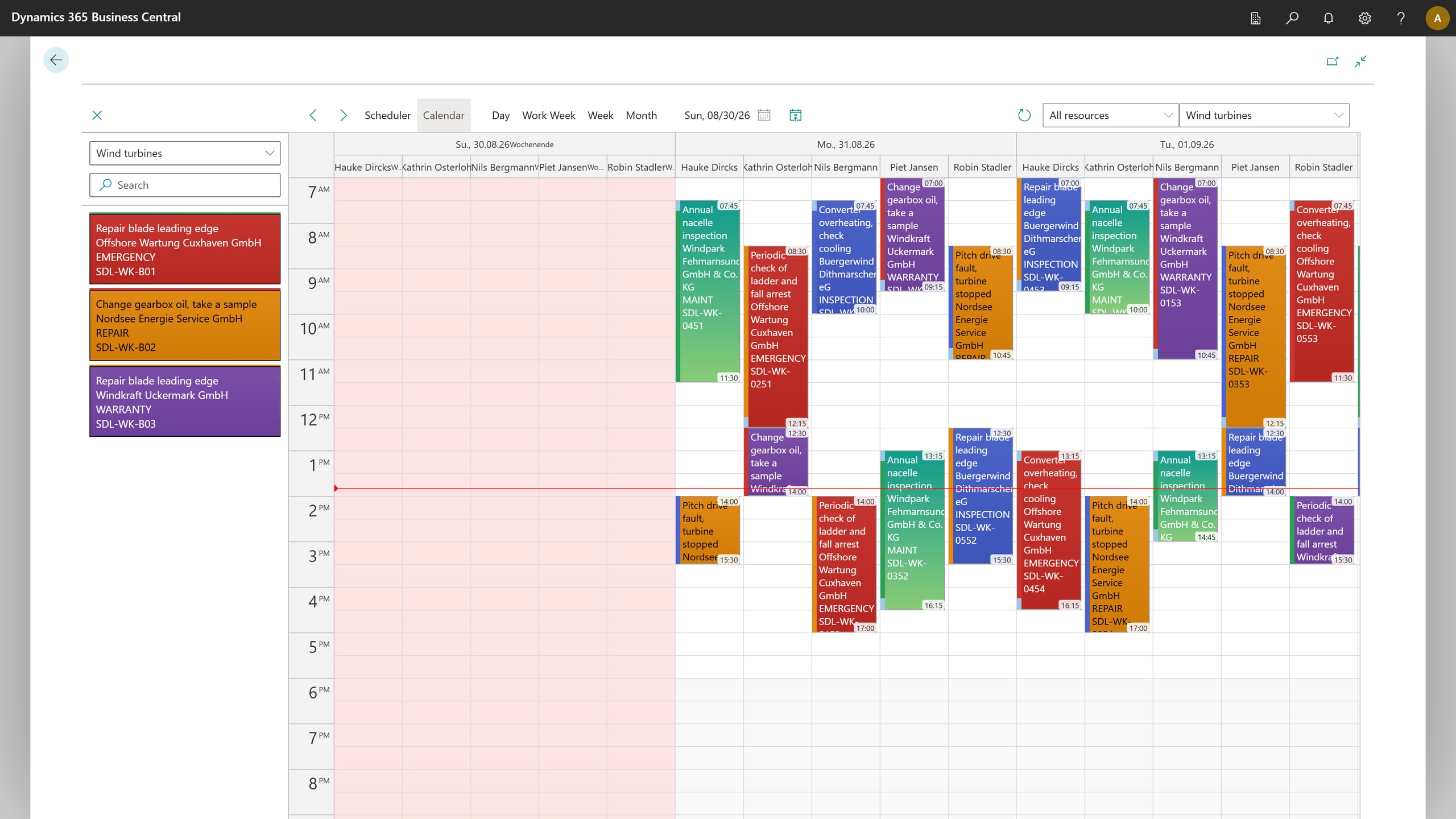Calendar view, week: wind turbine jobs across the week