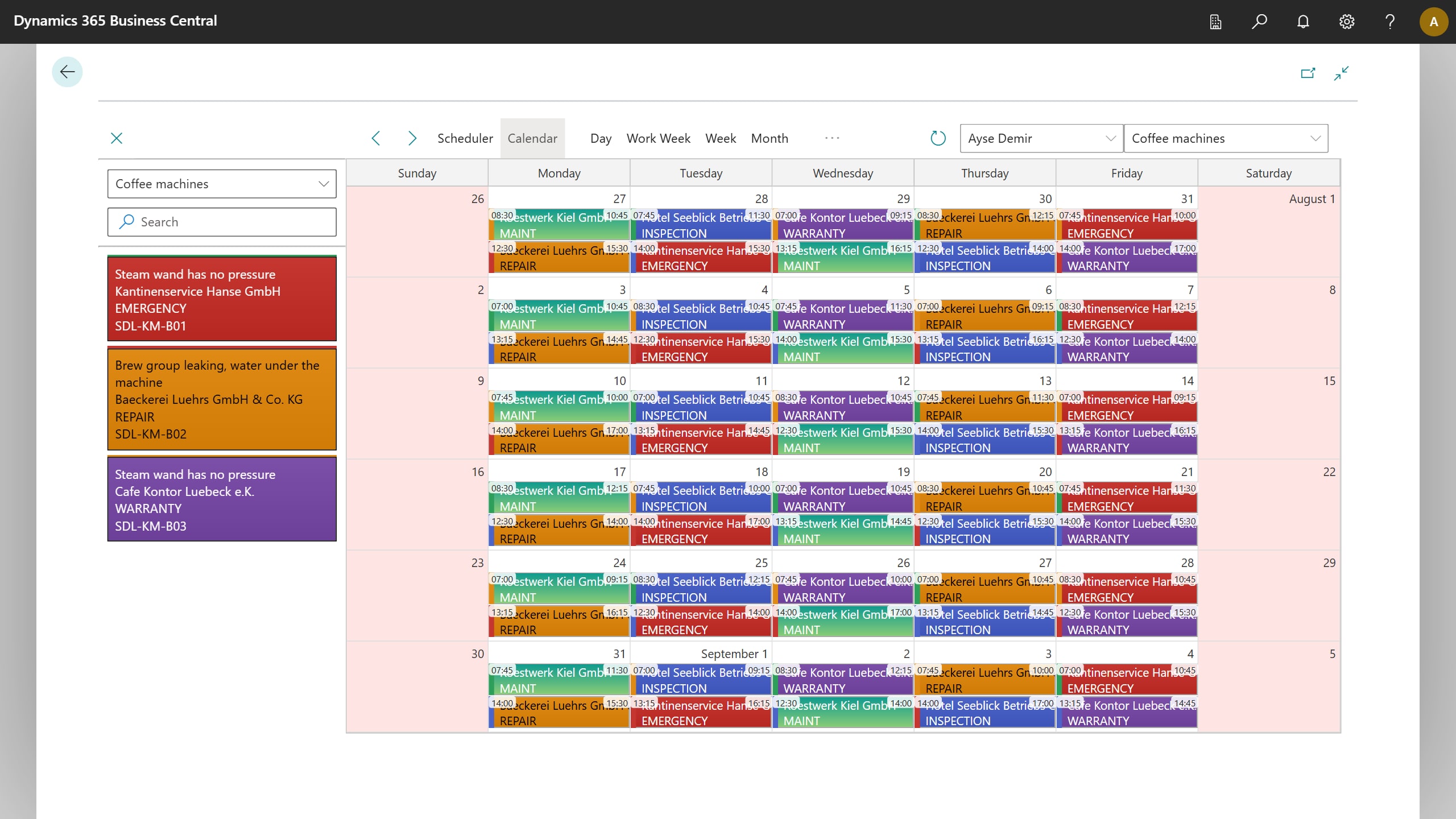 Calendar view, month: one coffee machine technician's month