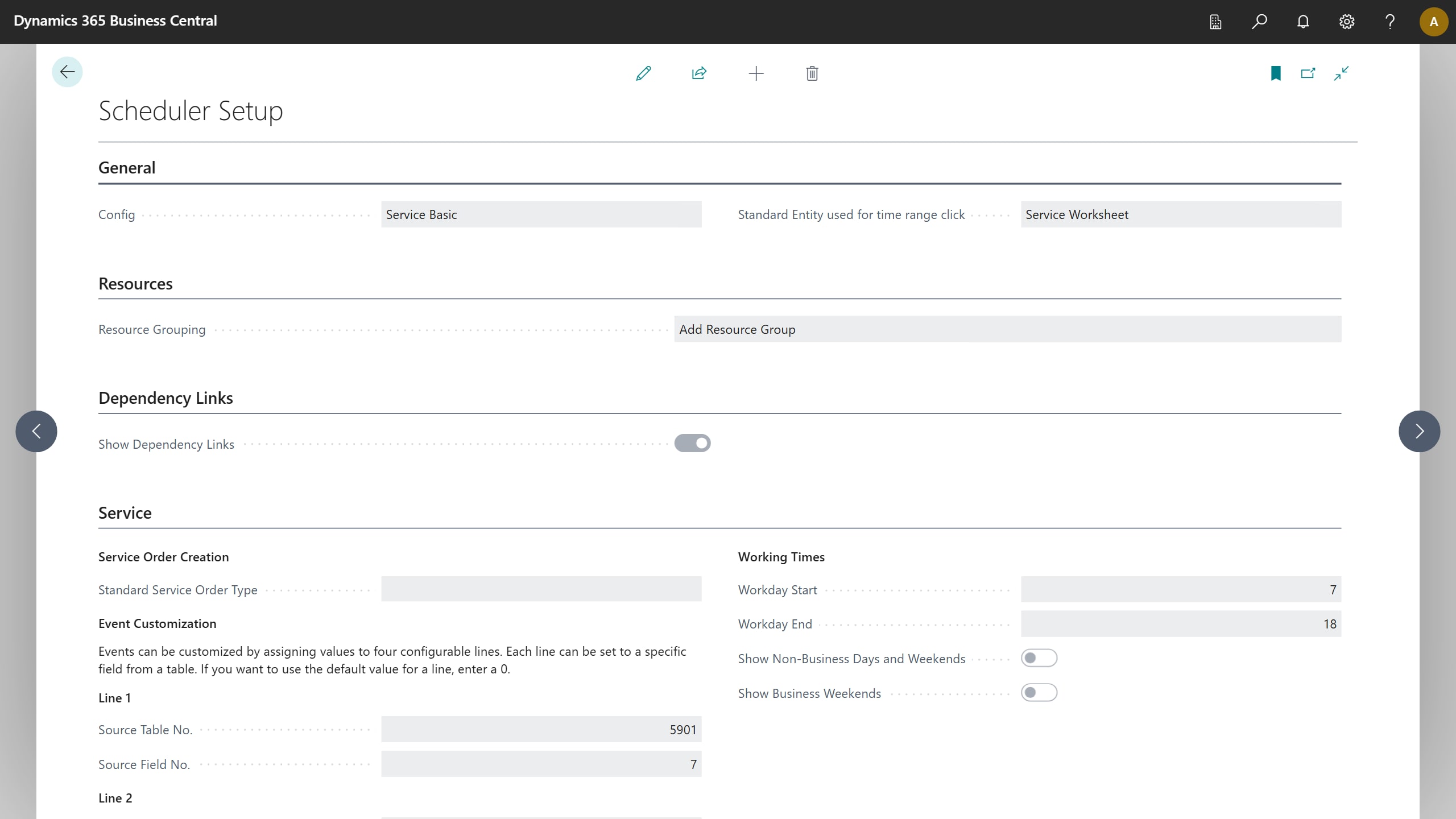 Scheduler Setup: configuration, the entity a time-range click opens, resource grouping and dependency links